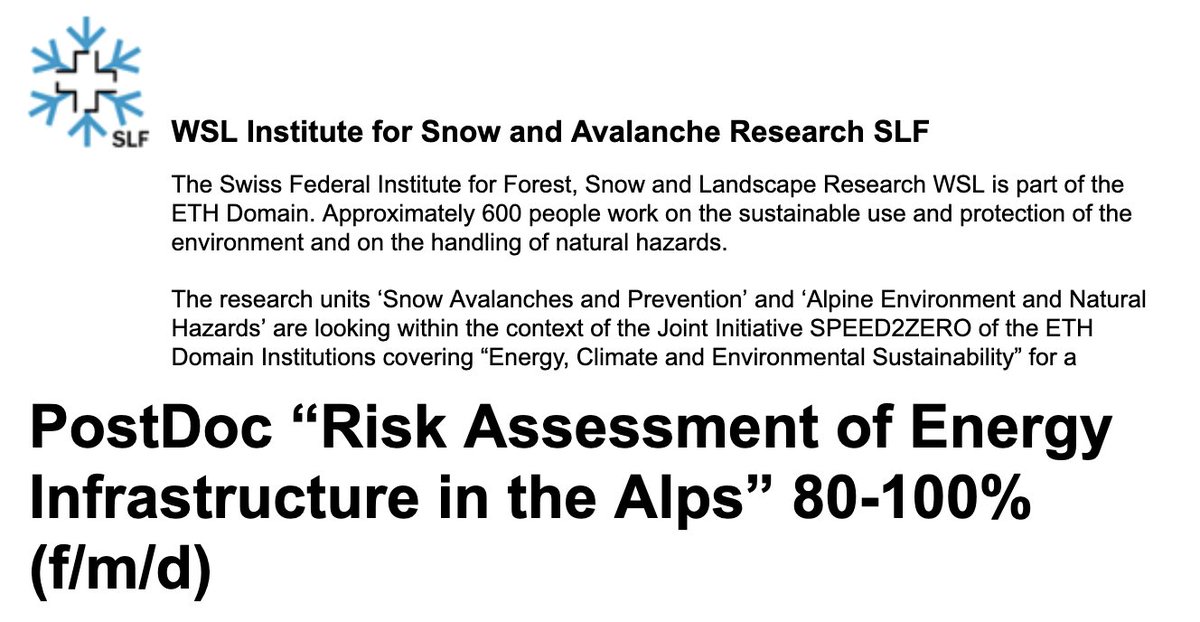 Energy Change Impact (@energy_wsl) on Twitter photo #Job #Alert: PostDoc position @SLFDavos @WSL_research on #Risk Assessment of #Energy Infrastructure in the #Alps. 80-100%. Exciting interdisciplinary project team and setting. <a href="/usys_ethzh/">D-USYS@ETH</a> @esc_ethz_ch <a href="/StanfordEnergy/">Stanford ENERGY</a> <a href="/Knutti_ETH/">Reto Knutti</a> <a href="/SISeneviratne/">Prof Sonia I. Seneviratne</a> apply.refline.ch/273855/1439/pu… #Job #Alert: PostDoc position @SLFDavos @WSL_research on #Risk Assessment of #Energy Infrastructure in the #Alps. 80-100%. Exciting interdisciplinary project team and setting. <a href="/usys_ethzh/">D-USYS@ETH</a> @esc_ethz_ch <a href="/StanfordEnergy/">Stanford ENERGY</a> <a href="/Knutti_ETH/">Reto Knutti</a> <a href="/SISeneviratne/">Prof Sonia I. Seneviratne</a> apply.refline.ch/273855/1439/pu…