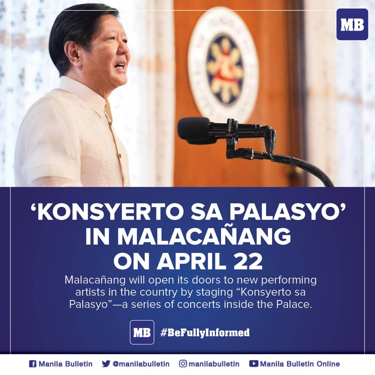 manilabulletin's tweet photo. President Ferdinand "Bongbong" Marcos Jr. announced the first concert will be held on April 22 featuring performers from Cebu, Ilocos Norte, Quezon, Cavite, Iloilo, Metro Manila, and Davao. | #ManilaBulletin

READ: https://t.co/22fUaTWUjY https://t.co/HnGFG1colI