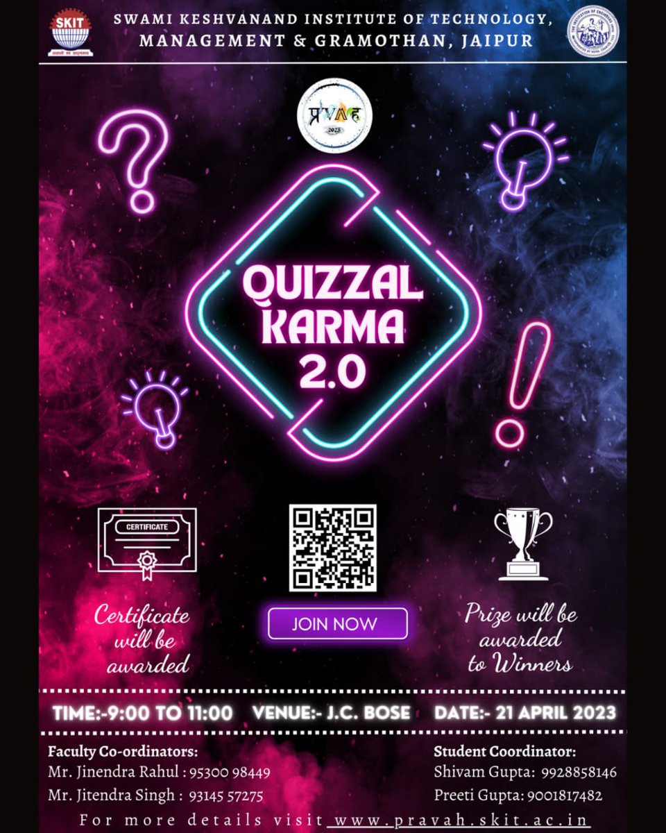 We are excited to announce that we are in organising QUIZZAL KARMA 2.0 in PRAVAH.🥳

So, get ready to test your knowledge and elevate your Quizzal Karma at our upcoming quiz competition! With challenging questions on aptitude, general knowledge, and environmental issues.🧠