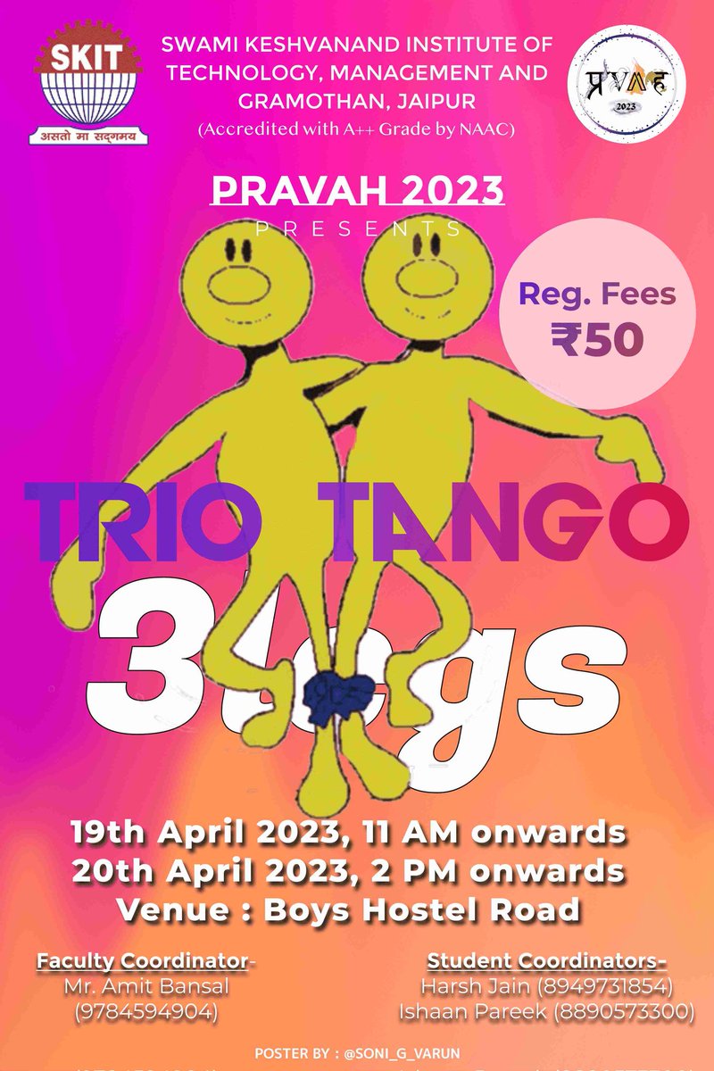 We are here with most awaited event 3 LEGS-TRIO TANGO of PRAVAH2023 🥳
So,get ready to witness a unique and thrilling experience with the '3 Legs-Trio Tango' race! 
Register now!