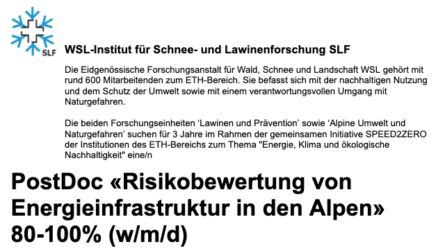 Energy Change Impact (@energy_wsl) on Twitter photo #PostDoc-Stelle 80-100% @SLFDavos: #Risikobewertung von #Energieinfrastruktur in den #Alpen. Interdisziplinäres Team und toller Arbeitsplatz! <a href="/usys_ethzh/">D-USYS@ETH</a> @esc_ethz_ch <a href="/Knutti_ETH/">Reto Knutti</a> <a href="/SISeneviratne/">Prof Sonia I. Seneviratne</a> <a href="/NEZimmermann_/">Niklaus E Zimmermann</a>
apply.refline.ch/273855/1439/pu… #PostDoc-Stelle 80-100% @SLFDavos: #Risikobewertung von #Energieinfrastruktur in den #Alpen. Interdisziplinäres Team und toller Arbeitsplatz! <a href="/usys_ethzh/">D-USYS@ETH</a> @esc_ethz_ch <a href="/Knutti_ETH/">Reto Knutti</a> <a href="/SISeneviratne/">Prof Sonia I. Seneviratne</a> <a href="/NEZimmermann_/">Niklaus E Zimmermann</a>
apply.refline.ch/273855/1439/pu…