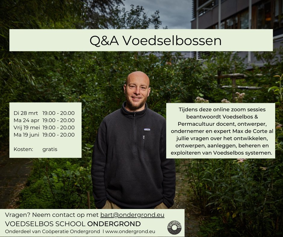 Nu al een van onze gaafste activiteiten!🤗 Maandelijks beantwoorden we al je vragen over Voedselbossen😎 Gratis en online waardoor het heel laagdrempelig is om deel te nemen. Dit is nu al ons favoriete uurtje van de maand🙏🌳❤️

Meer info voor 24 april: ondergrond.eu/activiteit/voe…
