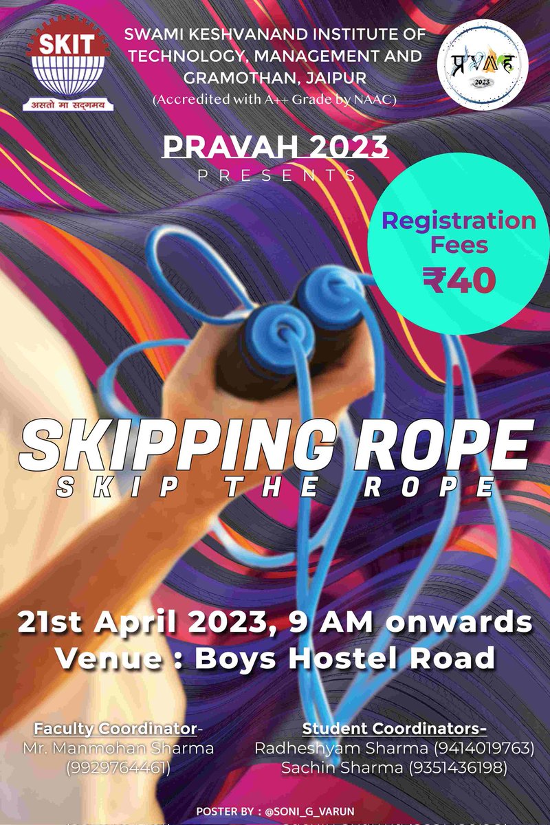 Who says skipping rope is just for kids? We will be proving that wrong at PRAVAH2023! 🙌🏼
Skipping our way through Pravah 2023! 🏃‍♀️ Our event SKIPPING ROPE will be filled with high energy and we will love seeing all the creative jump rope skills on display!
Register now!