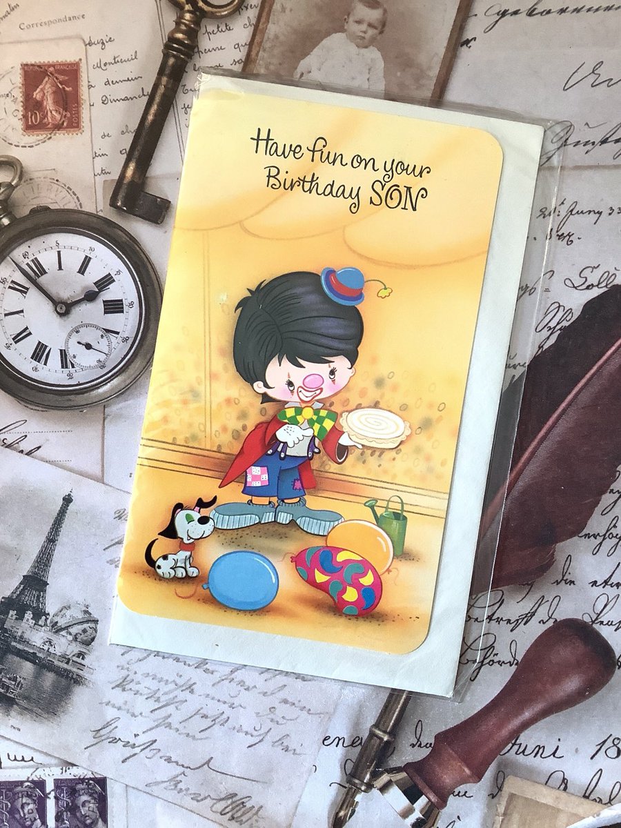 WatsonsVintage's tweet photo. These fun nostalgic #Son #BirthdayCards are just £3.50 each in my #etsyshop RARE #Vintage #Retro Circa #1970s 'Have fun on your Birthday Son' Card with Clown &amp; Dog in a Circus Big Top Design - Nostalgia Loving Son Card https://t.co/F70EBYu42d #ClownDesignCard #CuteCard https://t.co/gsxaFJPAFP