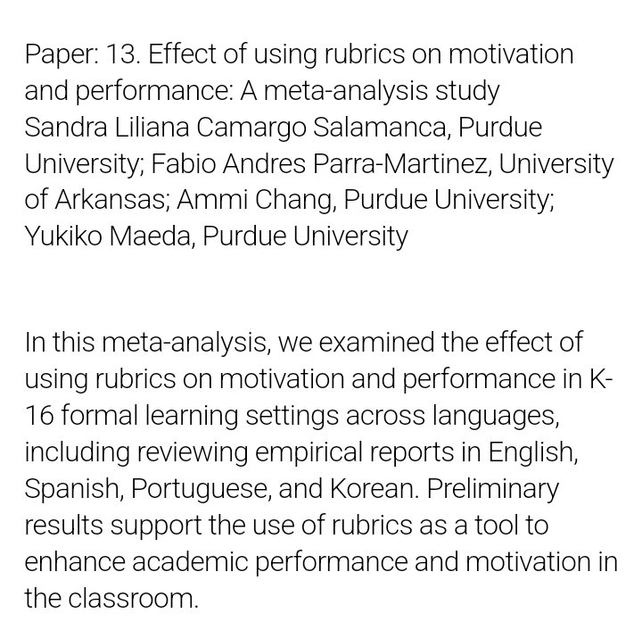 Excited to present at #AERA23 and #NCME23 OUR meta-analysis on the effects of #RUBRICS on #learning & #Motivation 
Do they work? 
When do they work?
@SandraCmgo Ammi Chang Yukiko Maeda Anne Trainir

@AERA_MotSIG