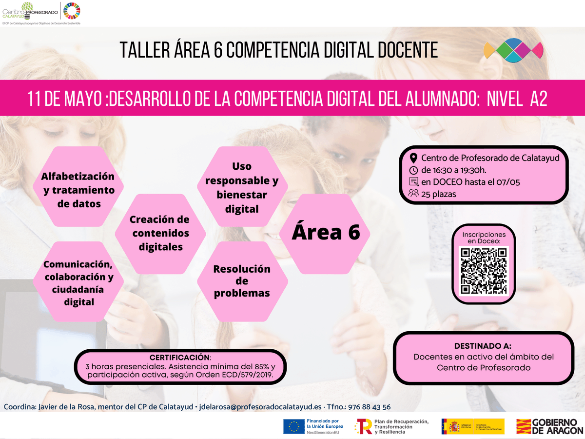 Abrimos la inscripción de 3 talleres independientes de las áreas 4, 5 y 6 de la Competencia Digital Docente.
Para más info, consulta los siguientes enlaces:
· Taller área 4: bit.ly/3KwuyWl
· Taller área 5: bit.ly/3KAq5Su
· Taller área 6: bit.ly/43wtkTC