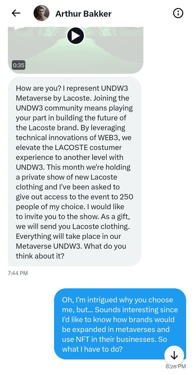 kylodzi's tweet image. ✊ UNITE to make our community SAFE 💪

Go report another SCAMMER 👉 @Arthur__Bakker 

He says he represent @Lacoste&apos;s #NFT project #UNDW3 and want me to join the brand&apos;s virtual event (because Lacoste want to work with artists and bla-bla)... 🧵⬇️