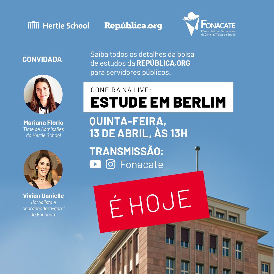 #ÉHoje
🚨Atenção, servidor público: Quer fazer mestrado ou especialização em Berlim, na Alemanha?

A república.Org, em parceria com a Hertie School, oferece oportunidade de bolsas para os servidores públicos brasileiros.

🎥Assista AO VIVO:

🔗 youtube.com/live/n5LRJs1gF…