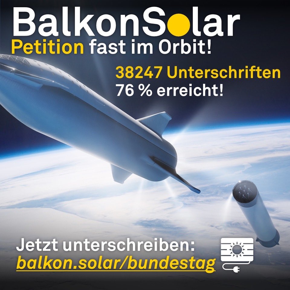 📈Zwischenstand: wollten wir bei 75% posten, haben es aber nicht geschafft! 

🤜 Nun halt bei 76%

👉 Wir brauchen noch 11753 Unterschriften

🖋️ hier unterschreiben: epetitionen.bundestag.de/petitionen/_20…

ℹ️ mehr: balkon.solar/news/2023/01/3…

🪧 wir wollen: Recht auf #Balkonsolar, 800 W, …