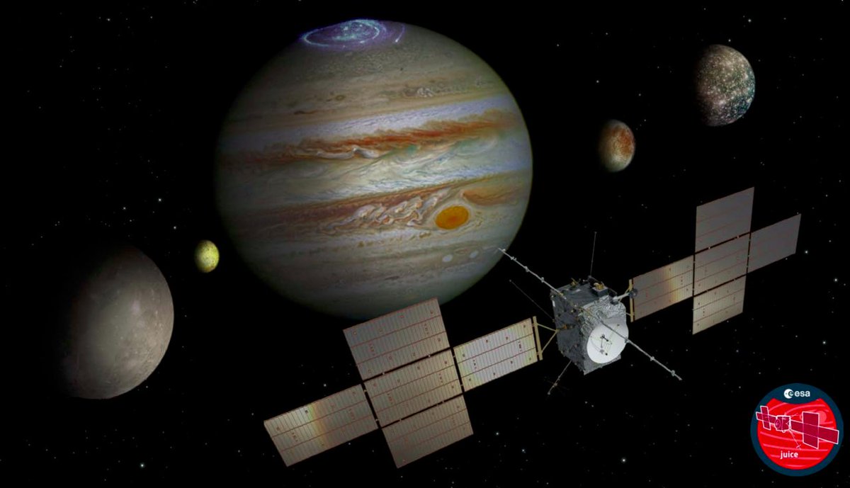 EricLagadec's tweet photo. La mission JUICE (Jupiter Icy Moons Explorer) va  bientôt décoller pour Jupiter, où elle devrait arriver en 2029. Son objectif: étudier la planète géante et trois de ses lunes, afin de déterminer si des conditions propices à l'émergence à la vie y sont présentes. 
Thread👇 https://t.co/qhqBseMDWB