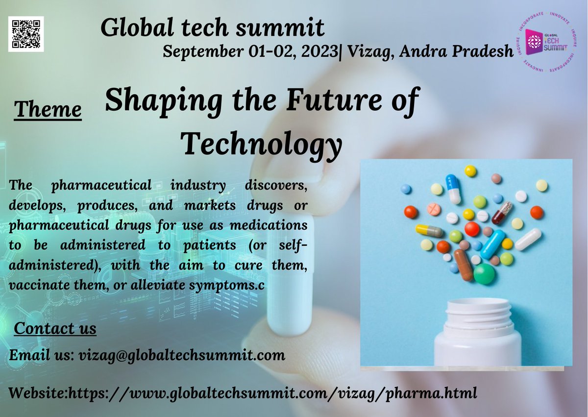 Attention Exhibitors,researchers and academics! Don't miss the opportunity to share your work at our upcoming conference. Submit your abstracts as soon as possible and be part of the #Global #Tech #Summit on #PharmaVisit the website: globaltechsummit.com/vizag/pharma.h…
