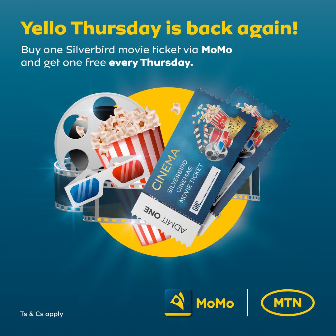 MTNGhana's tweet photo. Yello Thursday is back!
Buy a movie ticket at @SilverbirdGhana via MoMo and get one more for FREE every Thursday.
Ts & Cs apply.
#YelloThursday #MTNYelloThursday #movienight🎬 https://t.co/2IejS2bMMV