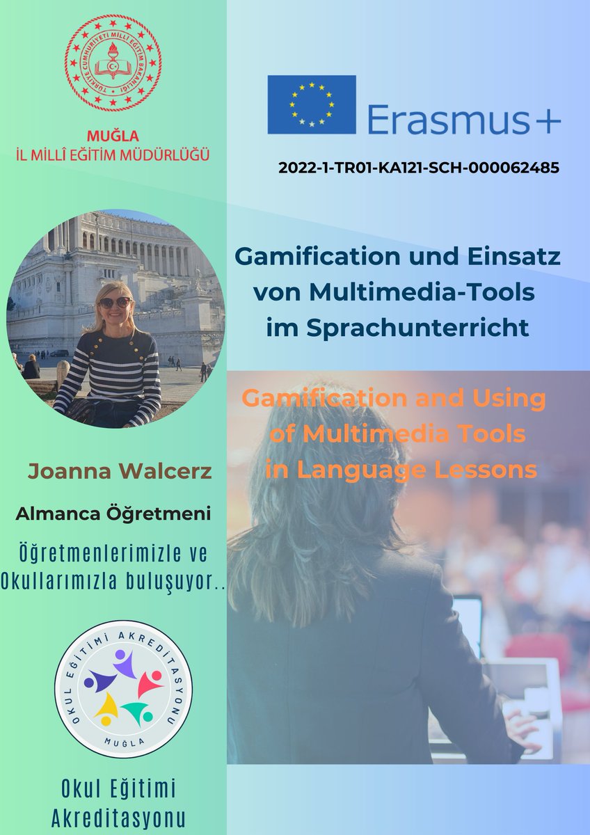 'SCH Akreditasyonu Uzman Daveti Programı' kapsamında 05-09 Haziran 2023 tarihlerinde Polonya 'dan Dil Eğitimi Uzmanı Joanna WALCERZ tarafından “Dil Derslerinde Oyunlaştırma ve Multimedya Araçlarının Kullanımı” konusunda İngilizce ve Almanca öğretmenlerine eğitim verilecektir.
