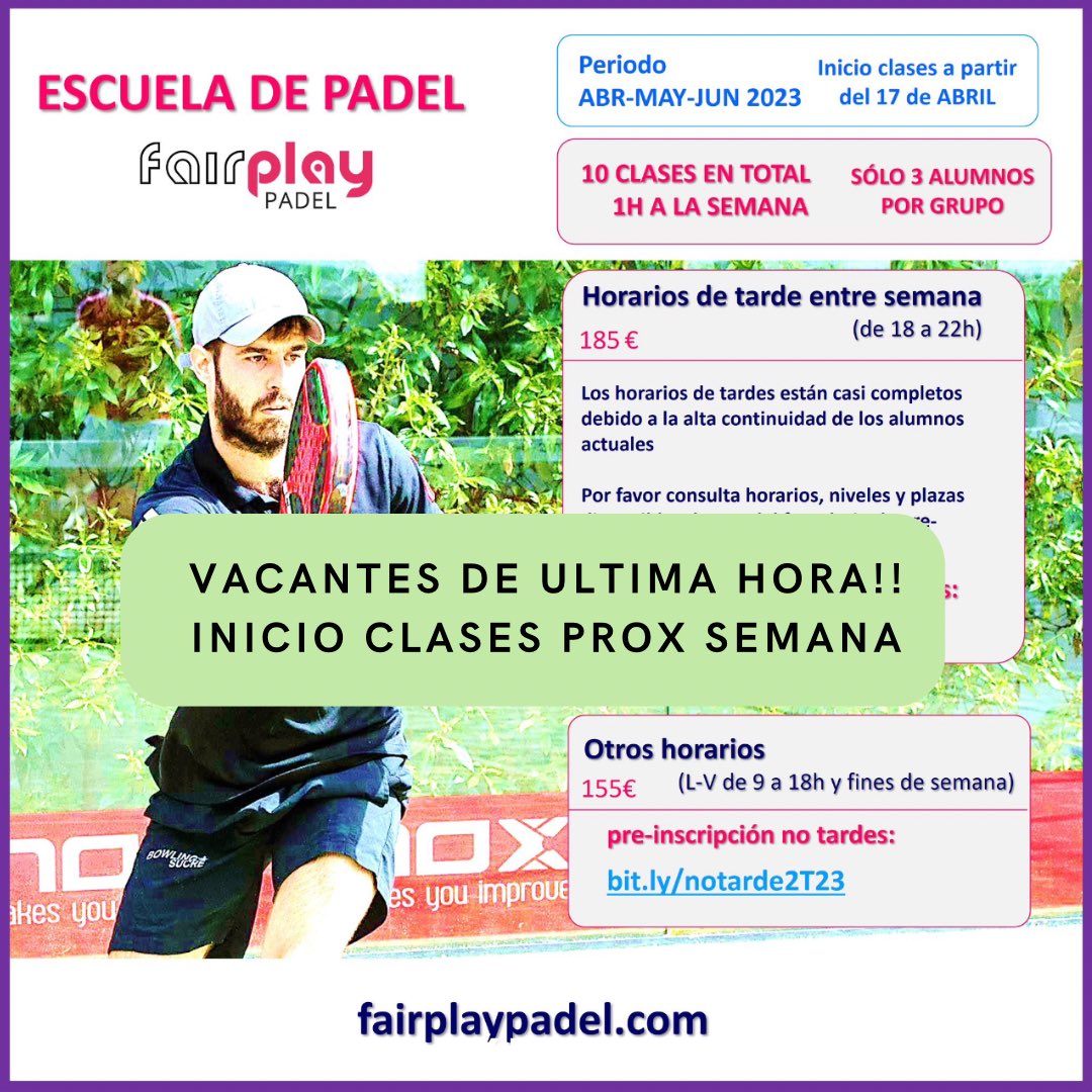 La semana q viene empieza el Trimestre de escuela
Y tenemos las siguientes vacantes: 
Lunes 13h - Nivel 1/1,5
Lunes 15h - Nivel 2 
Lunes 18h - Nivel 3/4
Miércoles 12h - Nivel 1,5/2
Miércoles 20h - Nivel 3,5/4
Sábado 11h - nivel 1,5
Interesados escribir whatsapp 619 147 586