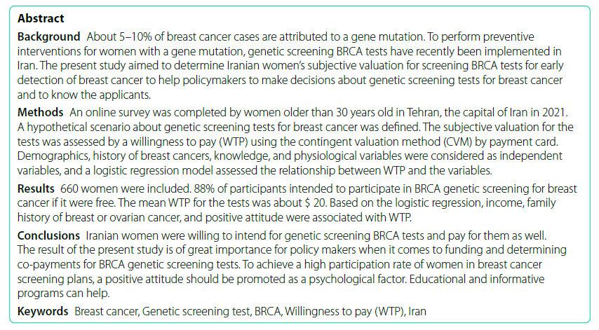 New #OpenAccess Publication in BMC Public Health: 'Subjective valuation of Iranian women for screening for gene-related diseases: a case of breast cancer' by Najmeh Moradi et al. Link to paper: bit.ly/416ov1Z @BioMedCentral #healtheconomics RT
