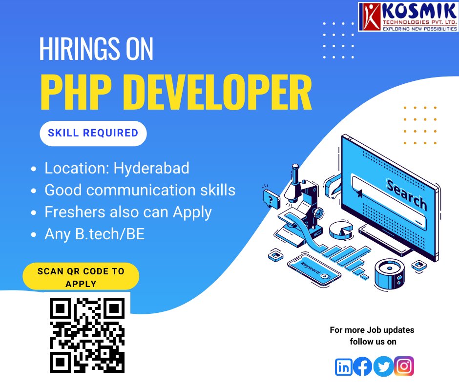 Kosmikteck's tweet photo. Openings on PHP Developer
#openings #java #python #pythonprogramming #html5 #css3 #cms #JAVADeveloper #itjobs #javajobs #jobsearch #pythonjobs #pythoncode #css #programming
#JavaWalkin #JobSupport #JAVA #javaprogramming #javascript
#HyderabadITJobs #jobs #jobs2022 #kosmik https://t.co/eHhVtTnGr8