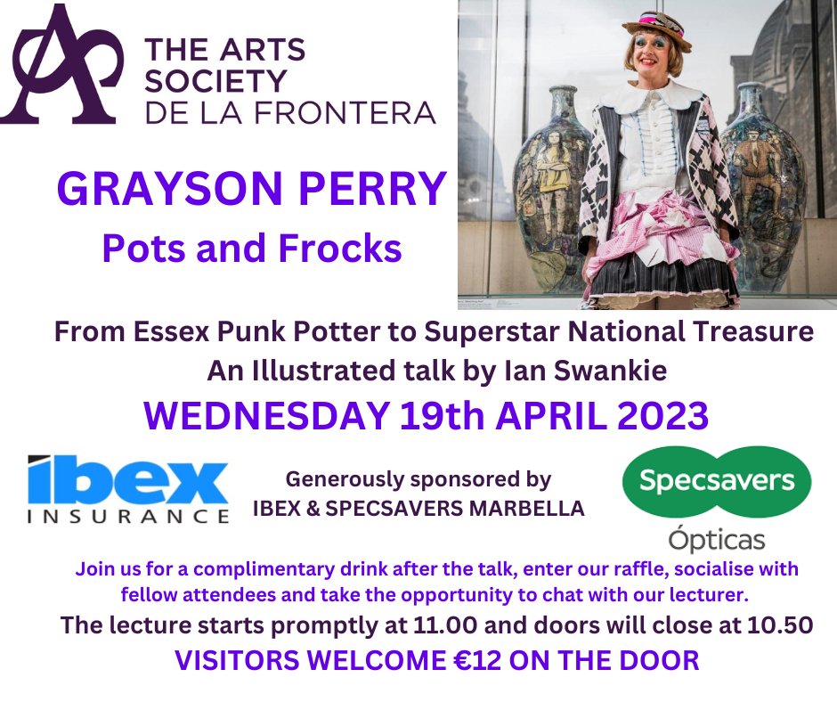 TASdelafrontera's tweet photo. Artist, ceramicist and Turner Prize winner (2003) Grayson Perry is a well-known, albeit controversial, key figure in contemporary art. Come along to find out more about this popular and colourful character on Wednesday 19th April at the San Roque Club, located off the A-7 https://t.co/kUFF69BD0K