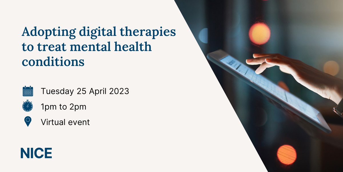 NICEComms's tweet photo. Join us for: Adopting digital therapies to treat mental health conditions.

We'll highlight:

🔹the support available to help you successfully adopt these recommendations

🔹how the data you generate can be used to shape future treatment options

➡️https://t.co/nfmGGNwBOo https://t.co/yCOsJPMwg6