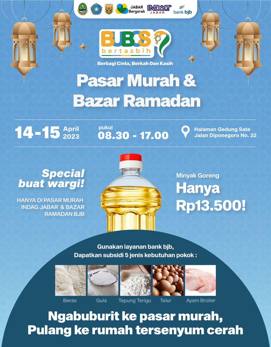 indagjabar's tweet photo. PASAR DINA BAZAR
BUBOS 7 Bertasbih
Berbagi Cinta, Berkah, & Kasih
Pasar murah dan bazar ramadan hadir di Halaman Gedung Sate!
๐๏ธ 14โ15 April 2023
โณ 08.00โ17.00 WIB
Segera datang & temukan berbagai kebutuhan Dulur dengan harga terbaik ๐
#PasarMurah #BUBOS7 #RantangCinta7 https://t.co/Uyh4hPJRHr