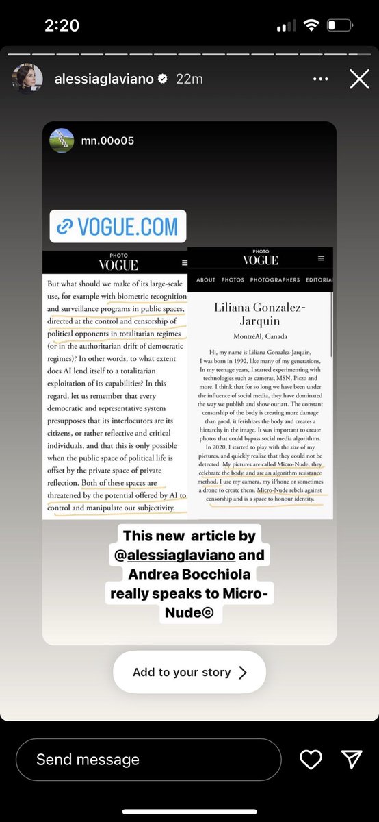 Who read the new article of photovogue? It’s about how Ai can be use in our favour or not. And how can human use them without loosing their creativity. It has also a small part of control and censorship. It does resonate with my  Micro-Nude. Let’s use photography against AI.