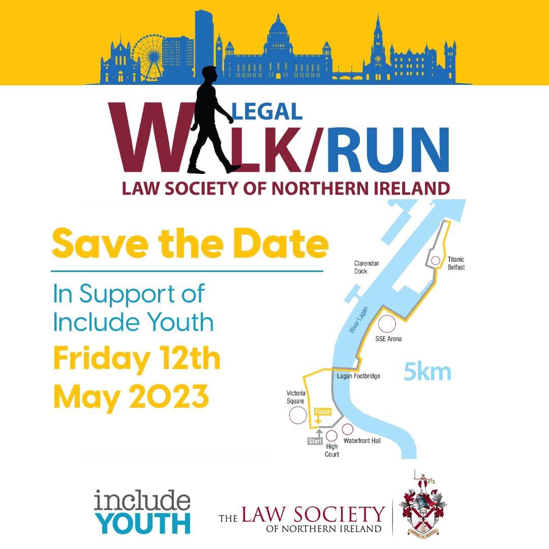 IncludeYouth's tweet photo. 📆Less than a month to go! 

👟With the brighter nights starting, it’s the perfect time to train for a 5K run/walk! 

🏃‍♂️Join us on May 12th for the   
@LawSociety_NI Legal Walk/Run, in aid of Include Youth. 

👉 Sign up now and help us make a difference: https://t.co/HdTg4i7wYN https://t.co/HmZ3g1Eehs