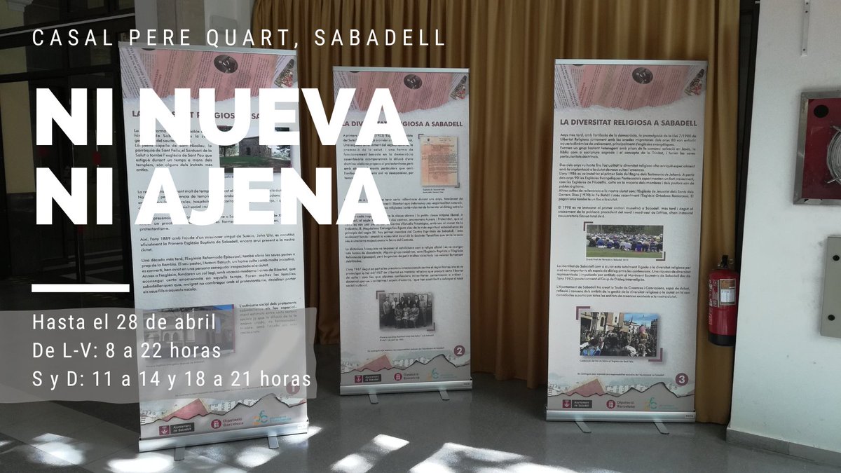 Continua el viaje de la 'Exposición #NiNuevaNiAjena. #Diversidad religiosa en España'.  A partir de mañana se puede visitar en #Sabadell. Desde @Aj_Sabadell se ha completado la muestra con información sobre la historia de la diversidad religiosa en la ciudad.