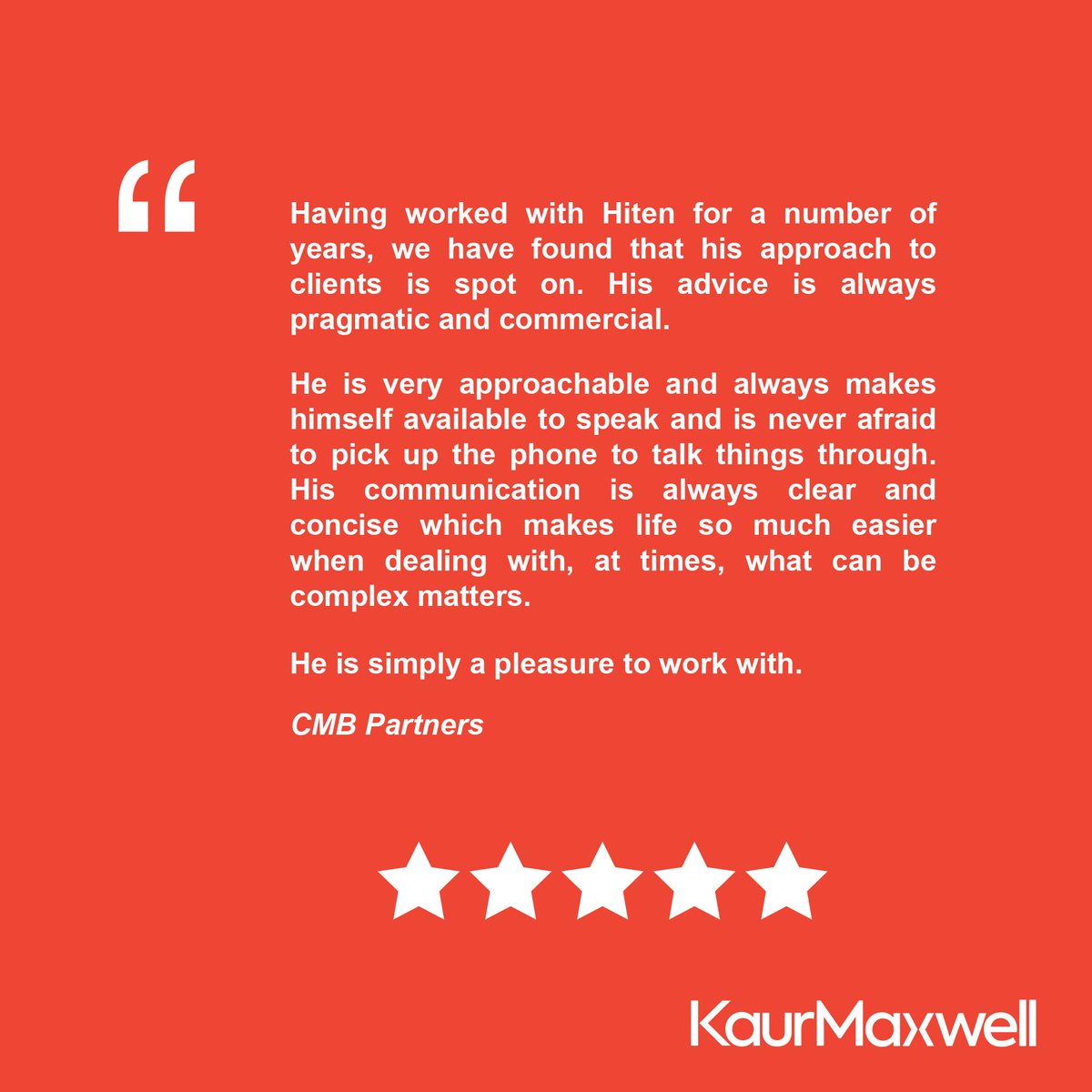 KaurMaxwell's tweet photo. We are delighted to have received some fantastic feedback for Senior Associate Hiten Patel from CMB Partners!

#CultureTheKMWay https://t.co/SwyszgFvD5