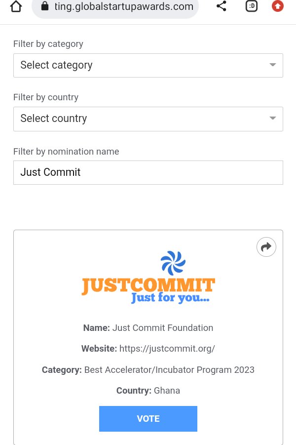 jjustcommit's tweet image. Kindly SHARE & VOTE using the link for Just Commit at the Global Startup Awards 2023.
#GSA_Africa
1. Type & Search Just Commit at the Filter by nomination name.
2. Click Vote, then click to accept terms
3. Vote by Email or Facebook.
public-voting.globalstartupawards.com/competition-pu…