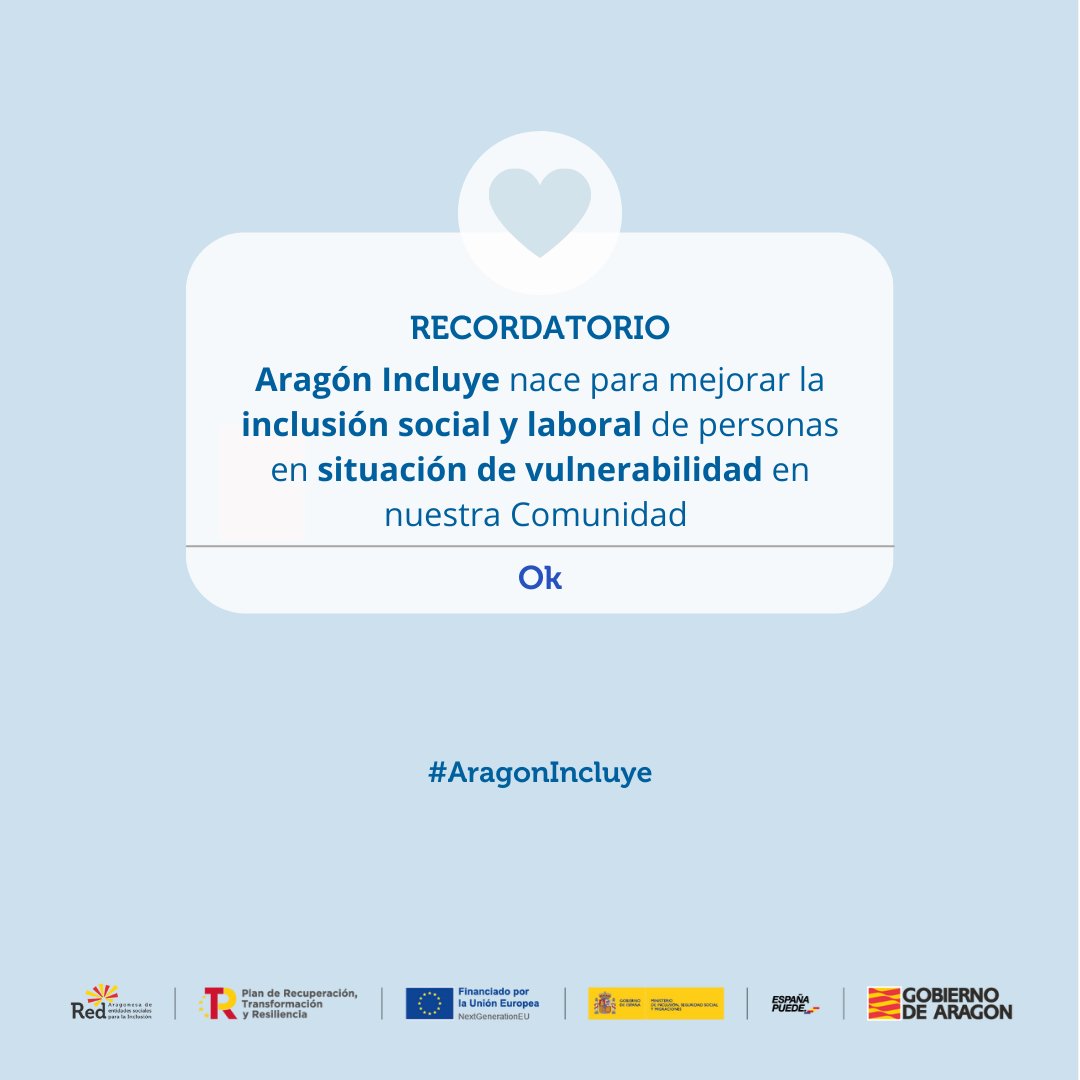 #AragónIncluye nace para mejorar la inclusión social y laboral de personas en situación de vulnerabilidad en nuestra Comunidad. 🎯📣🙌
@ASAPME <a href="/gitanos_org_ZGZ/">FSG Zaragoza</a> <a href="/gitanos_org_hue/">FSG Huesca</a> <a href="/apgitanazarago1/">asociaciongitanazaragoza</a> <a href="/AMASOL_Aragon_/">AMASOL</a> <a href="/CaritasZaragoza/">CaritasZaragoza ✳</a> <a href="/OsZagales/">Os Zagales</a> <a href="/FLaCaridadZgZ/">Fundación La Caridad</a> <a href="/AdcaraFundacion/">Adcara</a> <a href="/FAIMzgz/">FAIM</a>