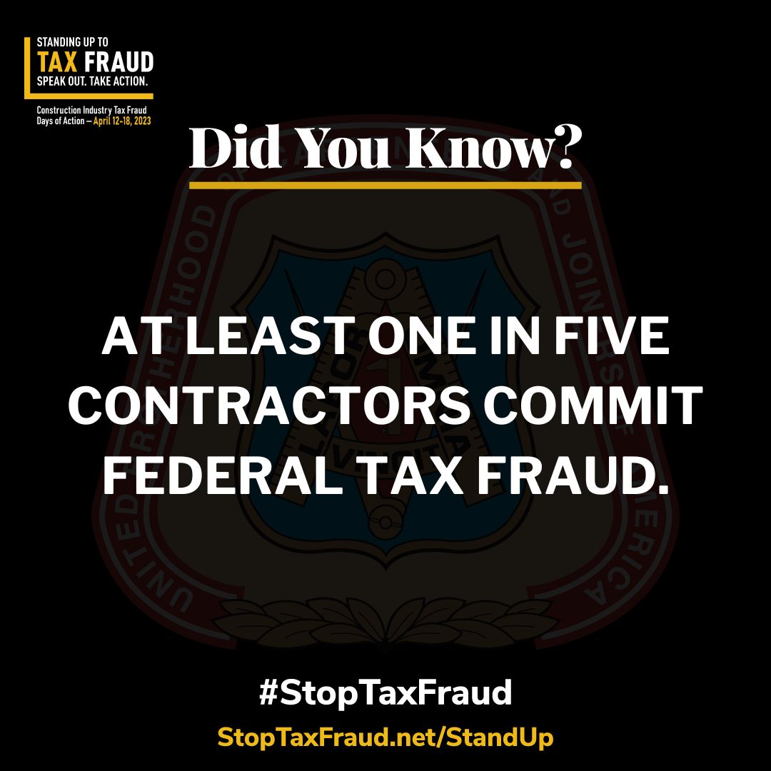 EASCarpenters's tweet photo. 🤜Stand Up to Tax Fraud🤛
Why are so many construction contractors committing tax fraud? They do it to steal jobs from tax-paying business and their employees😡
Click the link🔗 to take action: https://t.co/nHbZX0ZwZ6
#StopTaxFraud #tfdoa2023 #EveryoneIsAVictim https://t.co/eNV2WSmVnI