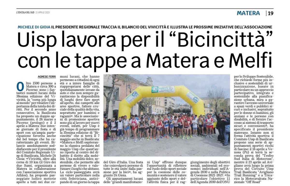 🗞️ Oggi sul quotidiano #LEdicoladelSud il bilancio del presidente regionale Michele Di Gioia che annuncia le prossime attività dei Comitati di #Matera e #Potenza! 
Grazie per lo spazio concesso 🙏🏼

#Uisp #UispBasilicata #UispMatera #UispPotenza ✅