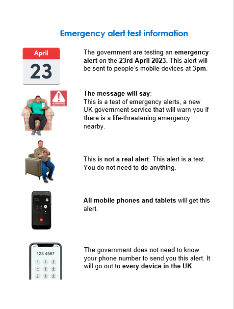 InclusionNorth's tweet image. Here is some easy read information that @SheffieldVoices
 have made about the Emergency Alert Test that is happening on the 23rd April. The test will be sent to people&apos;s mobile phone devices at 3pm and is not a real alert. #emergencyalerttest #easyread