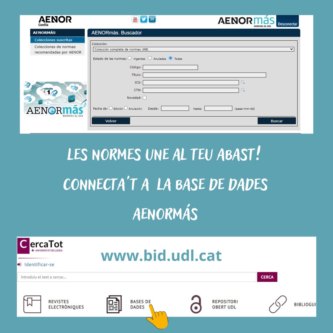 bibliotequesudl's tweet photo. Saps que la #basededades @AENOR Más  ha actualitzat la seva interfície de cerca? 
Ha incorporat una sèrie de millores perquè sigui més fàcil i més ràpid localitzar aquella norma que estàs buscant.
Quines són aquestes millores? 👇👇 https://t.co/2feexBDXFH