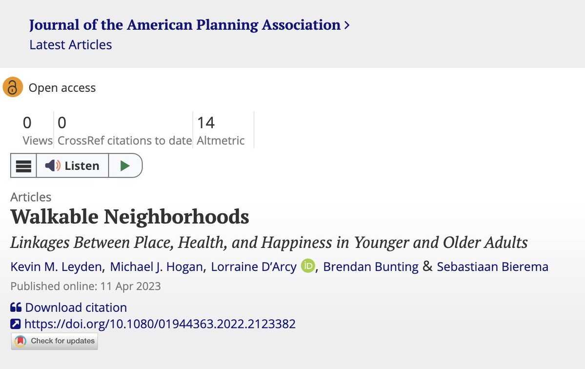 DavidZipper's tweet image. Walkable places make us happier:

"Living in a walkable neighborhood was directly linked to the happiness of people aged 36-45 and, to a lesser extent, those aged 18-35. For older adults, we found that walkable places mattered [indirectly]." @kleyden7

tandfonline.com/doi/full/10.10…