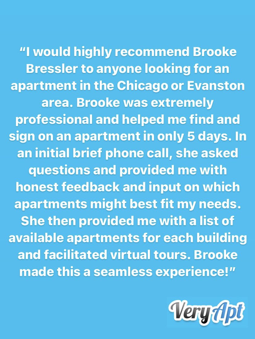 VeryAptCo's tweet photo. A five-star review for our five-star broker. We are so lucky to have such wonderful experts who really care about finding the right place for everyone. If you are moving to the Chicago or Evanston area reach out to Brooke today! https://t.co/ZU9kJM6yvY