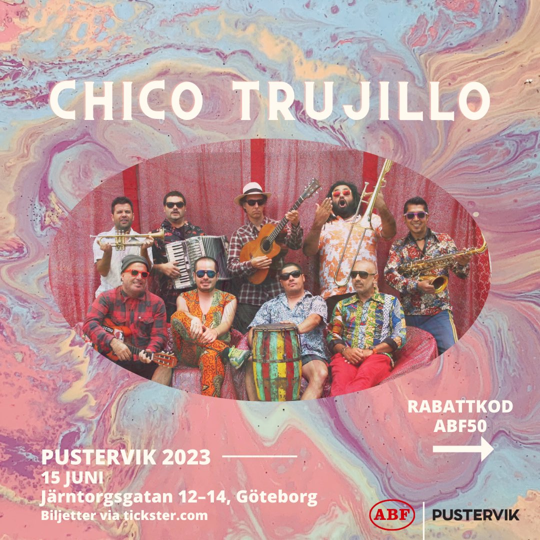 ABFGoteborg's tweet photo. ✨ I samarbete med Interculture bjuder vi på konsert med Chico Trujillo den 15 juni på Pustervik och 50% rabatt på biljetter med koden ABF50 ✨

Köp din biljett här ➡️ https://t.co/iCYd9Rh5K5 https://t.co/41ESi1Rq6W