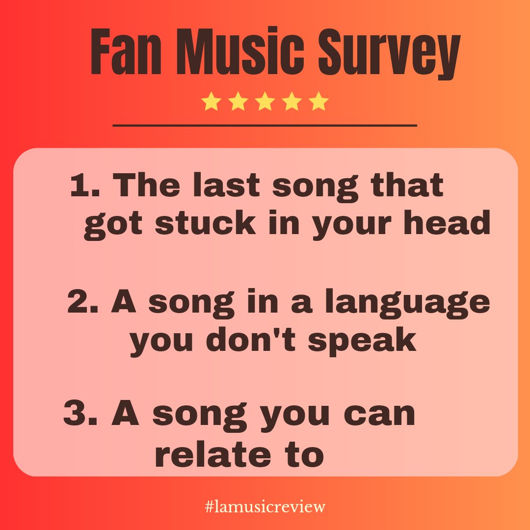 LAMusicReview1's tweet photo. A fan music survey!🤩

What songs are you thinking of right now? 

List 3 songs following this poster. We want know your answers, let's go!

#lamusicreview
#FanMusicsurvey 
#myfavoritesongs 
#mysongs #musiislife 
@visionquest4u @asianmusicrevi1 
@NationPublicity @trendpr https://t.co/wCeUoWteFK
