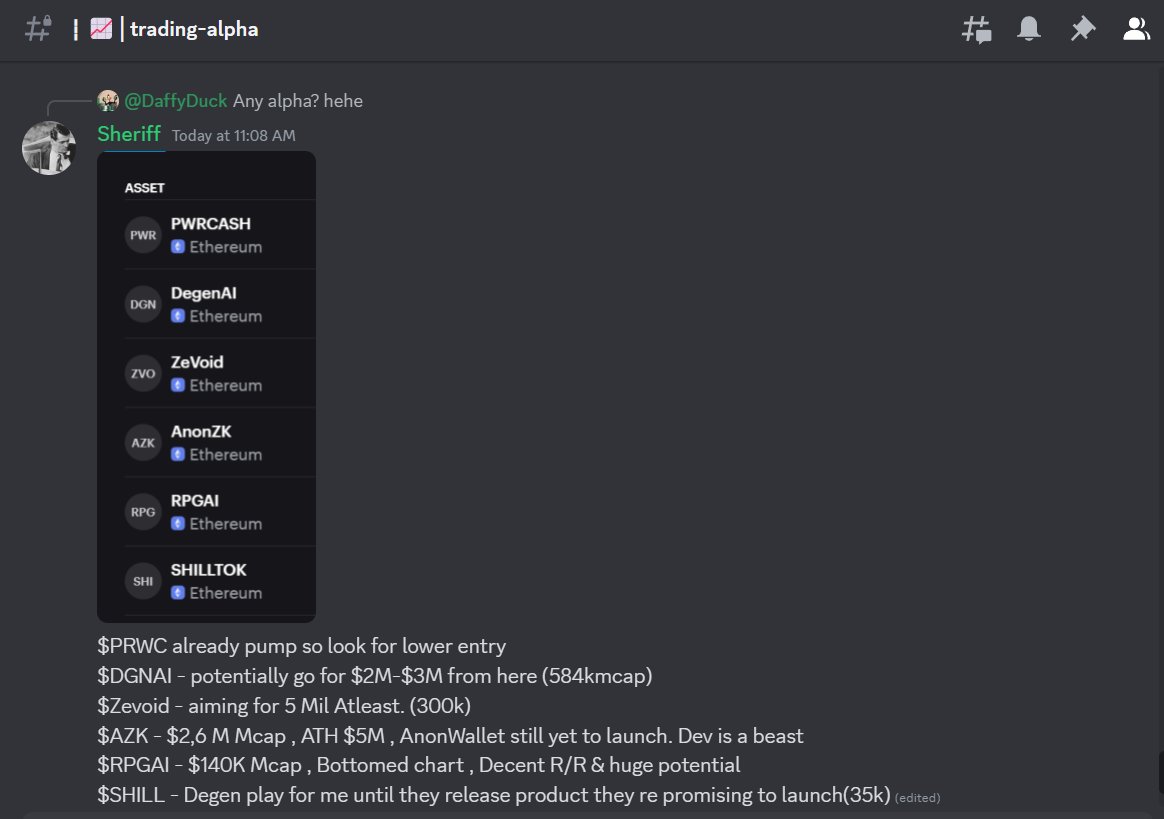 Not Much to update today! Sitting Comfy on my lowcaps 

But Shared a small list of potential gems to my friend's discord server

$PWRC $DGNAI $ZVOID $AZK $RPGAI $SHILL

Look for your entries. I'm risk free with them 🥂