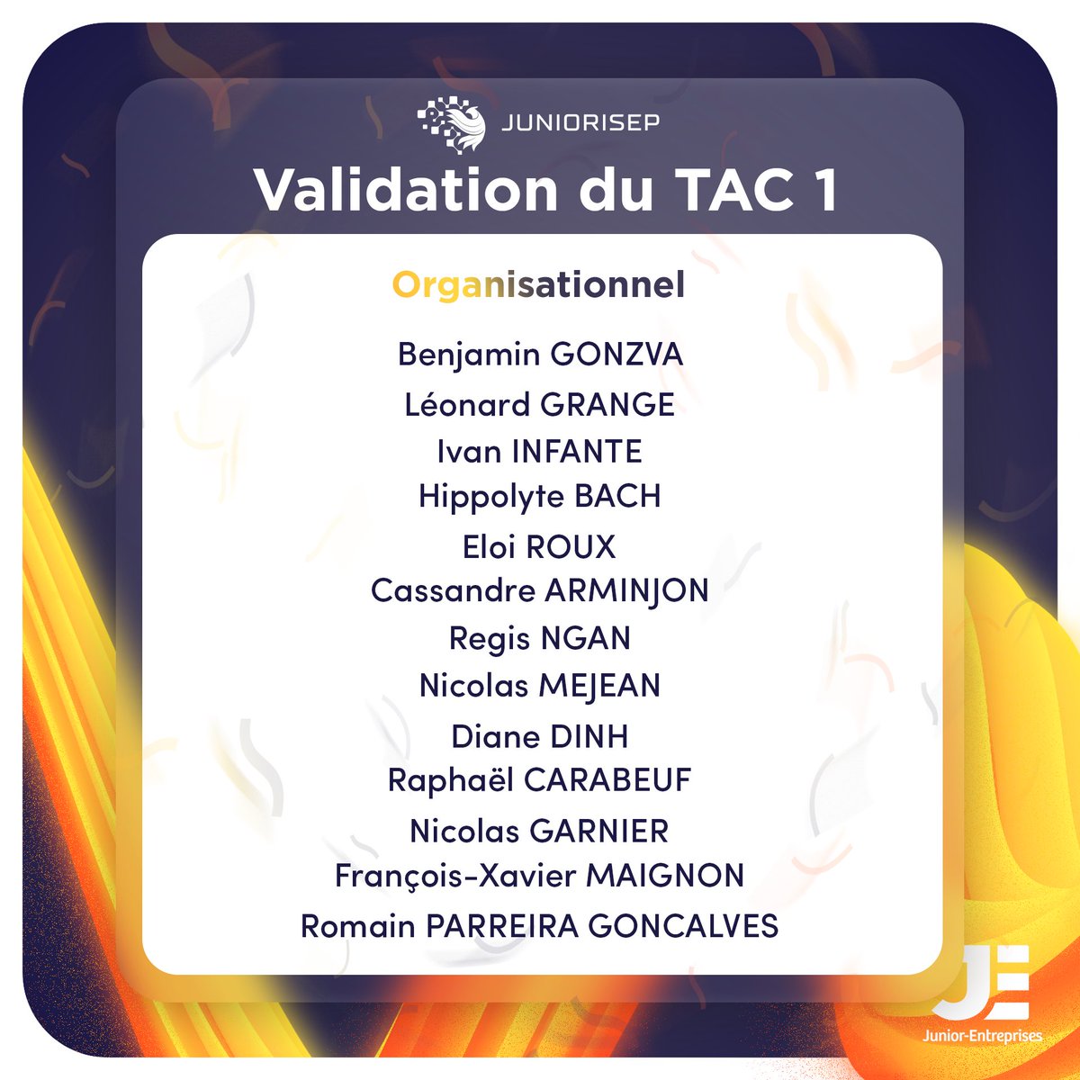 TAC 1 organisationnel ✅

Junior ISEP est fière d’annoncer que 13 de ses membres se sont illustrés dans le cadre du Test d’Auditeur-Conseil fondamental 🔥

<a href="/cnje/">Junior-Entreprises</a> #audit #conseil #WeAreJE
