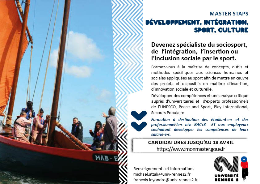 STAPS_Rennes2's tweet photo. ➡️Le Master Développement Intégration Sport Culture également adossé au labo @VIPS_2
forme des cadres du sociosport / sport for development utilisant le sport à des fins d'intégration, d'insertion, d'inclusion.
ℹ️ https://t.co/t6EFQKrLQz
#sportanddev #sociosport #sportcitizen https://t.co/n11Shc8gLe