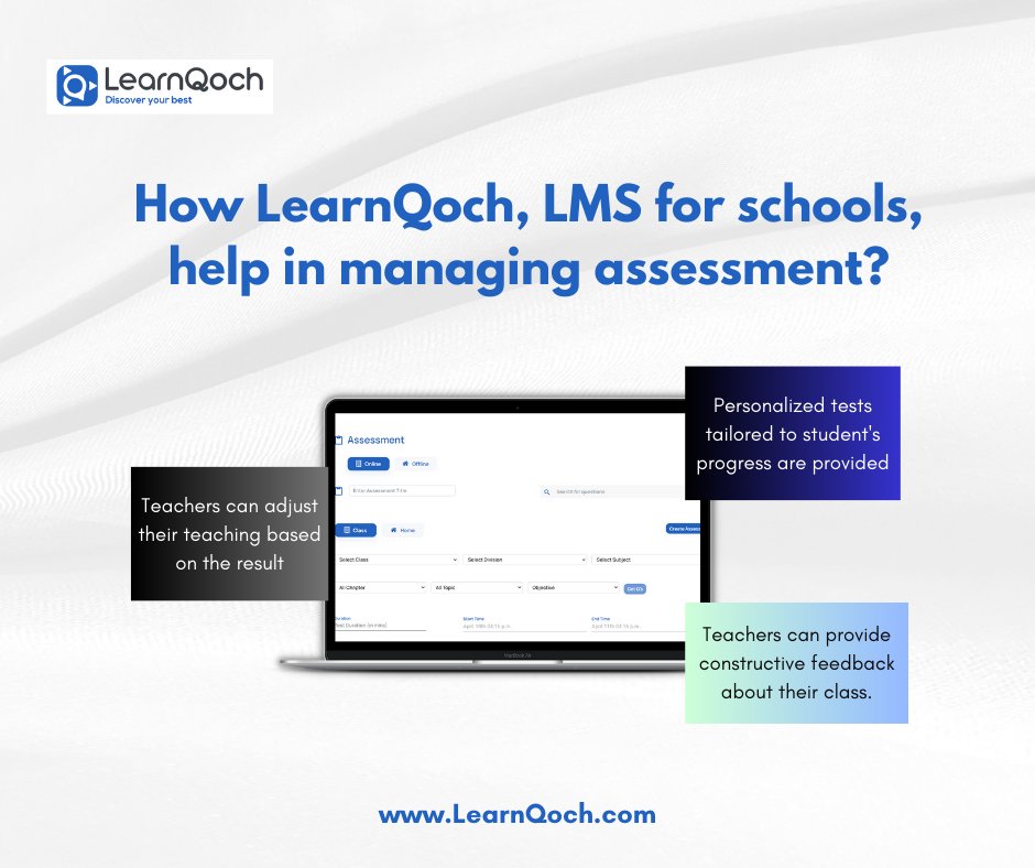 LearnQoch's online assessment platform streamlines assessments, eliminates paperwork, and offers tailored curriculum-aligned activities for students. LearnQoch.com 
#edtech #learnqoch #lms #erp #transformingeducationsystem