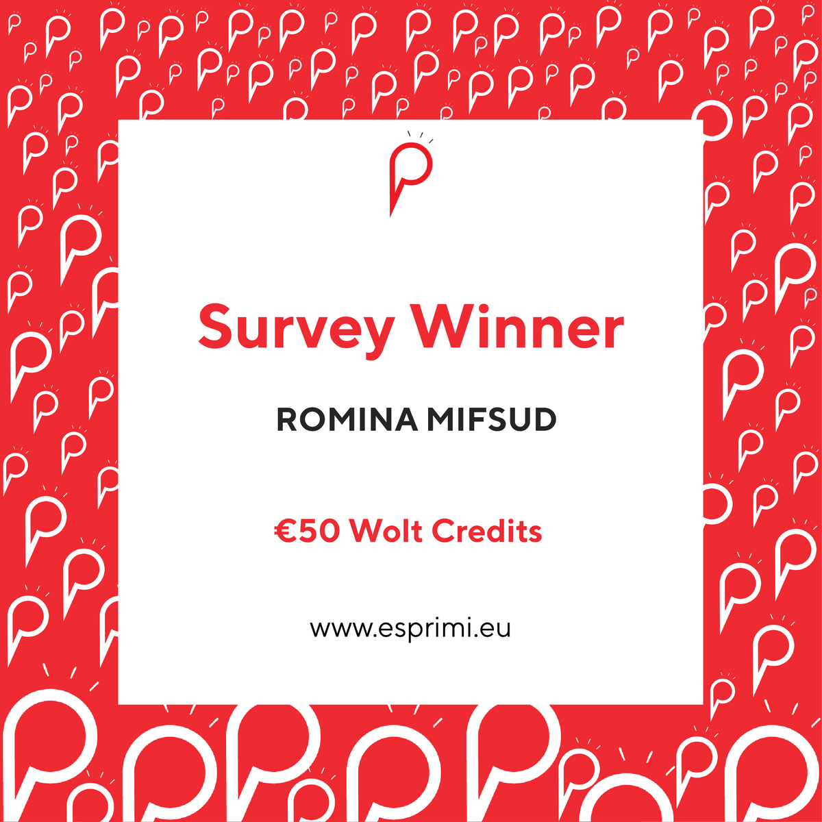 Esprimi_mlt's tweet photo. We have ourselves another survey prize draw winner! 

Join us in congratulating Romina Mifsud on winning €50 worth of Wolt Credits for participating in our Omnibus Survey.

Thanks for taking the survey, Romina. Enjoy your prize! https://t.co/P2mKhE53CZ
