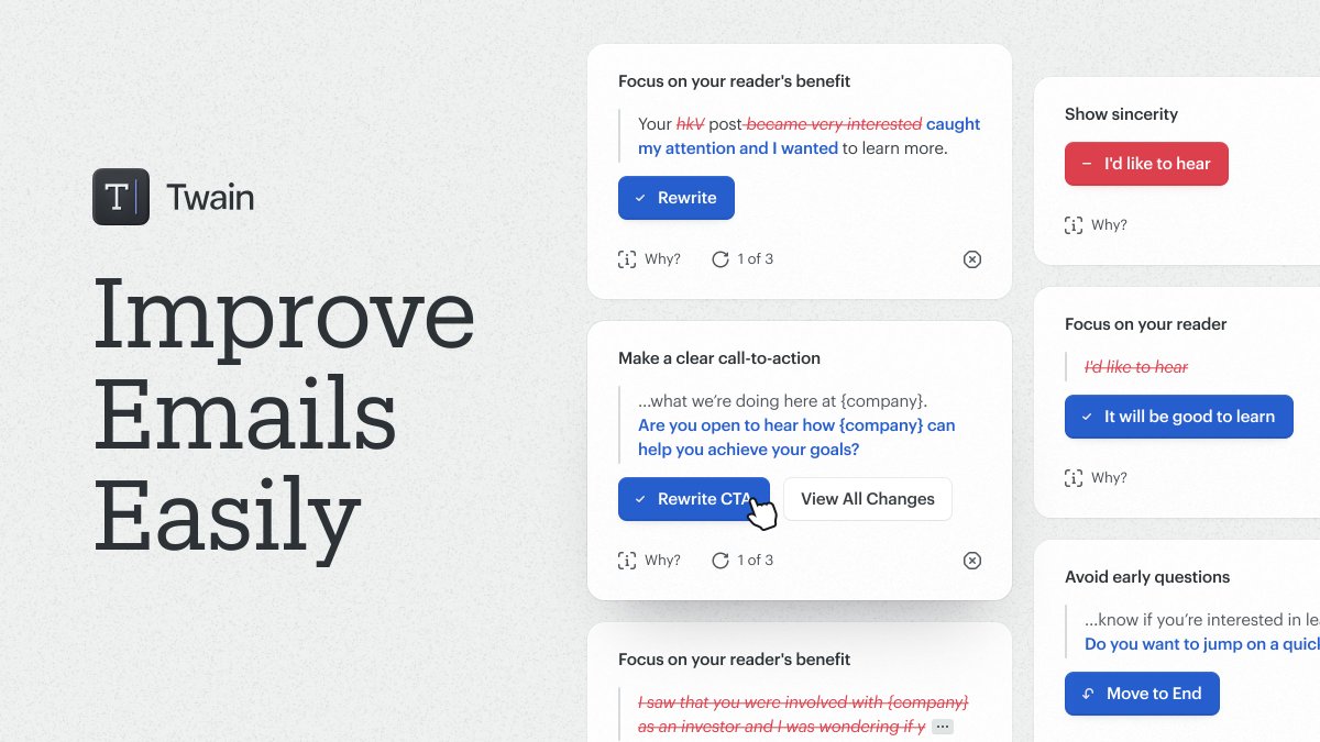 Twain_ai's tweet photo. I had a makeover💄

It is now much simpler for you to decide which changes you want to apply, and which you don’t. Your message, your decision.

We're on the mission to give you world-class communication skills with just one click. 🏋️ https://t.co/TTP27sMe2u