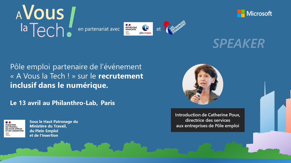 FranceTravail's tweet photo. "À Vous la #Tech !" : @pole_emploi s'engage aux côtés de @microsoftfrance et @LaCL2E pour un #recrutement plus inclusif dans le #numérique ! 🤝

Une plateforme #Microsoft avec + de 1000 offres d’#emploi et #stages dans le secteur ! 📲

#AvecPôleEmploi https://t.co/WlDZDhkY8C