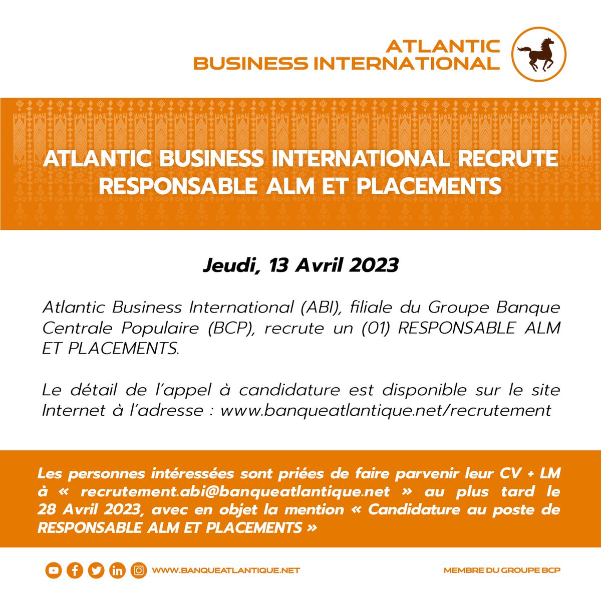 🔴 💼 #Recrutement [RESPONSABLE ALM ET PLACEMENTS]
Atlantic Business International, filiale du groupe Banque Centrale Populaire (Maroc), recrute un (01) RESPONSABLE ALM ET PLACEMENTS.

Pour plus d’informations, cliquez ici ==> banqueatlantique.net/recrutement

#BanqueAtlantiqueGroupe