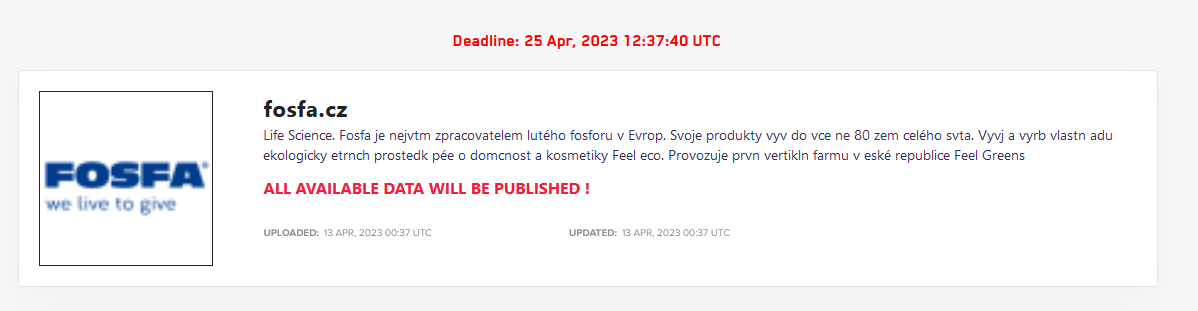 FalconFeedsio's tweet photo. LockBit #ransomware group has added Fofsa (https://t.co/vyT1yj3HTL) ,a company that produces phosphorus-based ingredients and natural products for healthcare and household use, to their victim list. They claim to publish data on April 25, 2023.
#CzechRepublic
#databrech #DarkWeb https://t.co/APWT3MFVRl