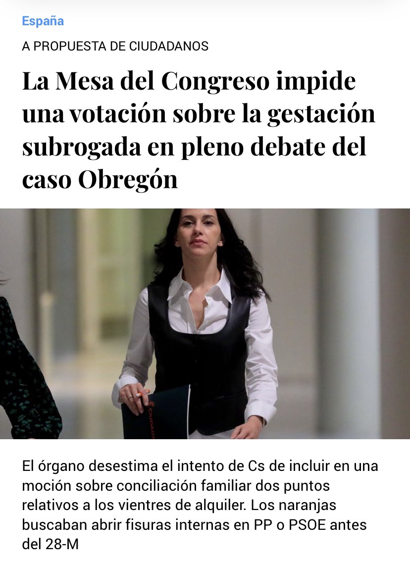 InesArrimadas's tweet photo. Inaudito: PSOE, PP, Vox y Podemos se unen en la Mesa del Congreso para impedir que la iniciativa de CS sobre la gestación subrogada altruista se debata en el Parlamento. ¿Tanto miedo tienen a que los españoles conozcan este modelo? ¿No tienen argumentos? Pediremos reconsideración https://t.co/b91dExukRJ