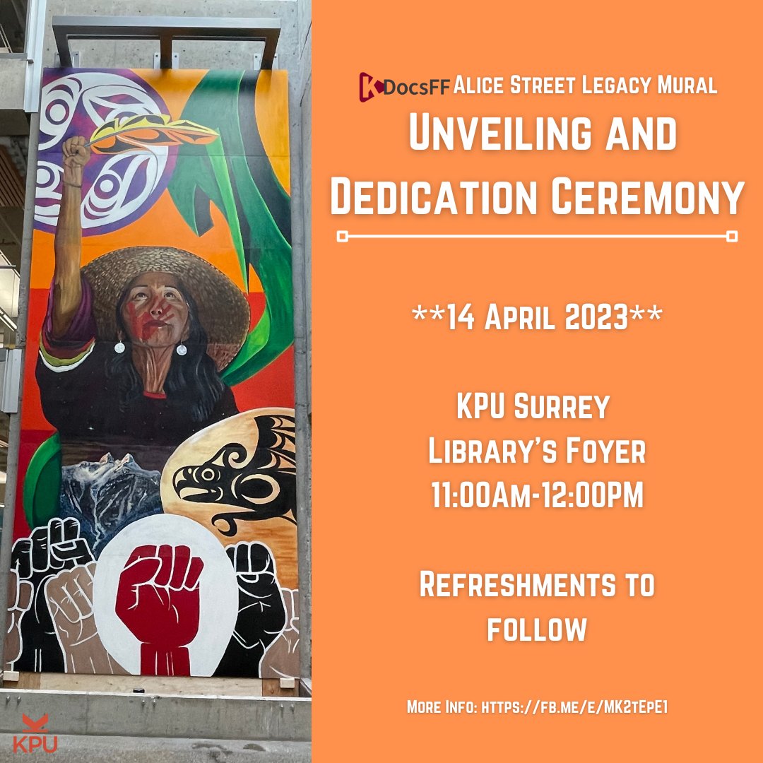 KDocsFF's tweet photo. UNVEILING AND DEDICATION CEREMONY! Please join #KDocsFF for the official unveiling/dedication of the KDOCSFF ALICE STREET LEGACY MURAL. Apr 14, 11am, KPU Library. Refreshments served!
#AliceStreet #LegacyMural #Mural #KDocsFF #SocialJustice #DocumentaryActivism https://t.co/c2jK26B6hM