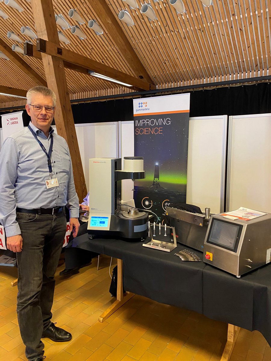 Gammadata1's tweet photo. Here at the 32nd @Nordic Rheology Conference  at Aarhus University, this week with instruments from @thermofisher. Drop by to see the latest rheology and extrusion equipment as well as discuss applications with technical specialists. https://t.co/9Ut78PcKSv