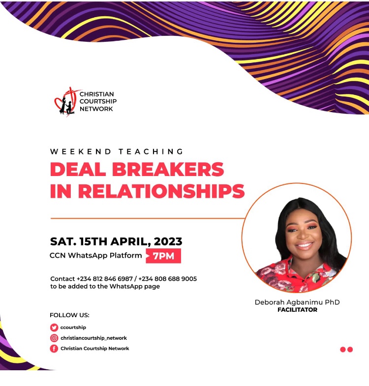 Love is a beautiful thing but there's more to it, than what just pleases the eyes and gladdens our heart

Join us this weekend as we continue on the topic Deal Breakers in Relationships.

 You don't want to miss it

#godlymarriage#christian homes#godlyhome#Jesusfamily